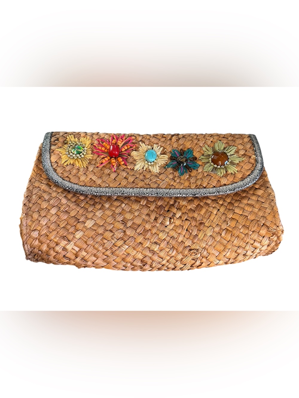 Cappella Boho Straw Clutch with Multicolor Beaded Flowers